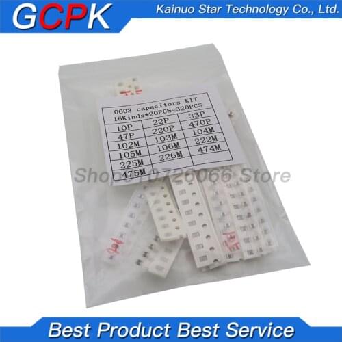 Free shipping 0603 SMD Capacitor assorted kit ,16values*20pcs=320pcs 10PF-22UF Samples kit
