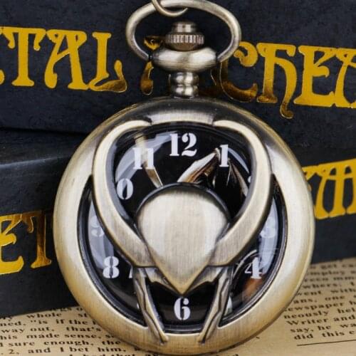 Bronze Vintage Hollow Pocket Watches Loki Quartz Mens Boy Children Necklace Pendant Chain