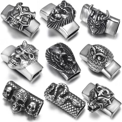 Stainless Steel Punk Slider Beads Skull Viking Slide Charms Fit 12*6mm Flat Leather DIY Mens Bracelet Jewelry Making Supplies