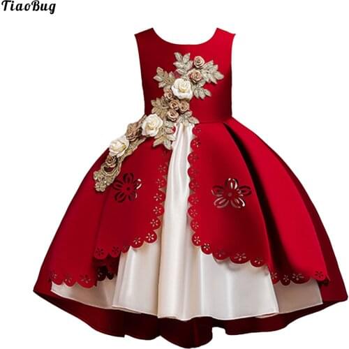 TiaoBug Kids Girls Hollow Satin Dress Round Neck Sleeveless 3D Embroidery Hollow Floral Edge High-Low Hem Party Wedding Costume