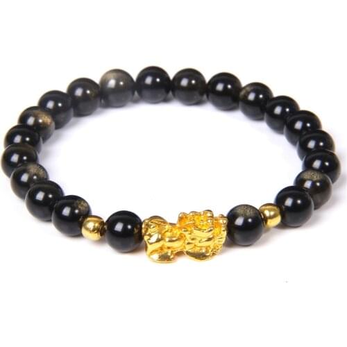 Fengshui Bracelet Men Black Obsidian Bracelet Gold Charm Pixiu Bangle 8 mm Natural Stone Bead Pulsera Women Jewelry Lucky Amulet