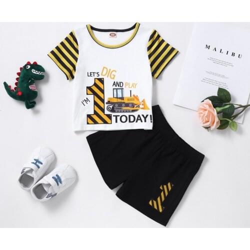 Hot Selling 2021 Summer Baby Clothes Baby Boy Clothes 2 Pcs Sets Excavator Patchwork Short Sleeve T-shirts+short Pants 0-18M