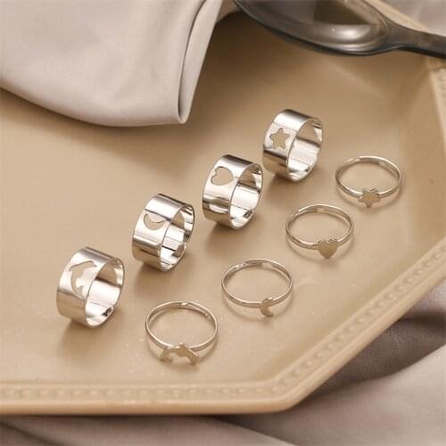 Trendy Silver Color Heart Butterfly Rings Set For Women Men Moon Star Dolphin Adjustable Open Finger Rings Set Party Jewelry