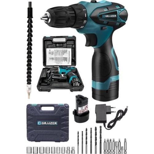 German Attack On Titan 32 V Sjs Double Metal Transmission Double Cordless Rechargeable Screwdriver Drill + 24 Piece Set Blue