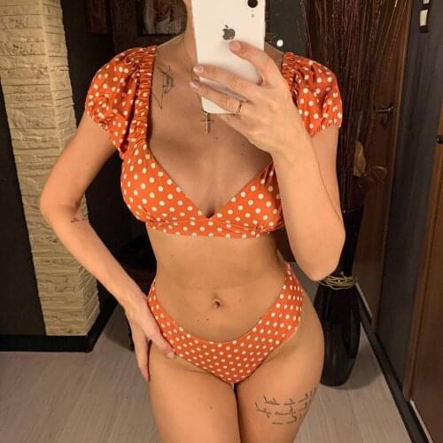 NEW Polka Dots V Neck Mid Waist Bikini 2021 Female Swimsuit Women Swimwear Two-pieces Bikini set Bather Bathing Suit Swim