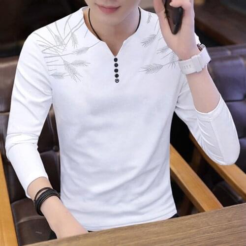 Autumn and Winter Mens Long-Sleeved T-shirt Mens V-neck Korean Version of the Printed Long-T-Shirt shang yi Clothes Bottoming