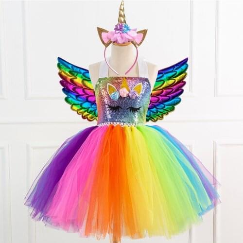 Halloween Unicorn Princess Dress Birthday Party Cosplay Angel Dresses Children Mesh Tutu Skirt white Sling Costume for Girls