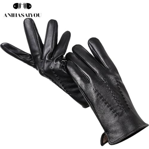 Simple New mens leather gloves,Sheepskin gloves male winter,Classic winter warm leather gloves men,Black winter gloves men-732