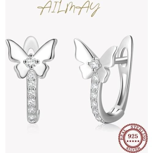 Ailmay Real 925 Sterling Silver Fashionc Shining Butterflies Clear Zircon Earrings For Women Girls Party Accessories Jewelry