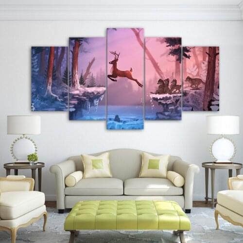 Modern Home Wall Art Decor Unframed Modular Pictures 5 Pieces Cartoon Animal Deer Wolf HD Print Painting On Canvas For Bedroom