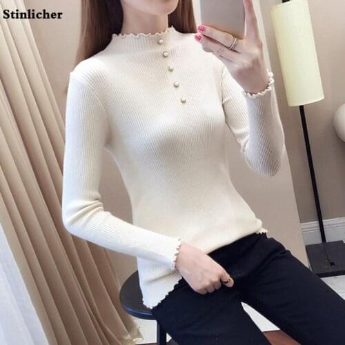 Autumn winter Sweater women pullover fashion half high neck knitted sweaters ladies casual slim solid color pearls female tops