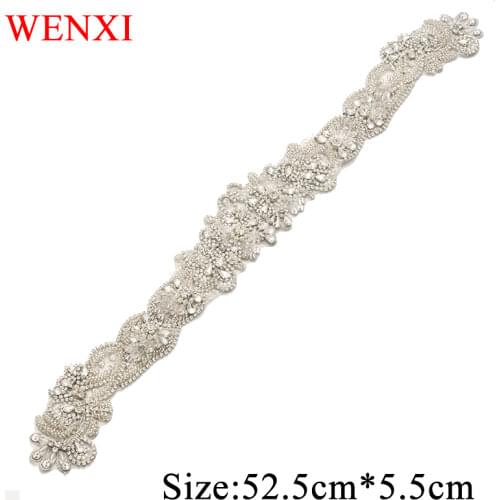 WENXI 1 pcs Hand Beaded Sewing Rose Gold Bridal Rhinestones Appliques Patch For Wedding Dresses DIY Iron On Bridal Sash WX826