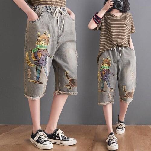 Cartoon Printed Patch Denim Shorts 2021 Ladies Summer Elastic Waist Casual Slim Pants Women Jeans Loose Streetwear