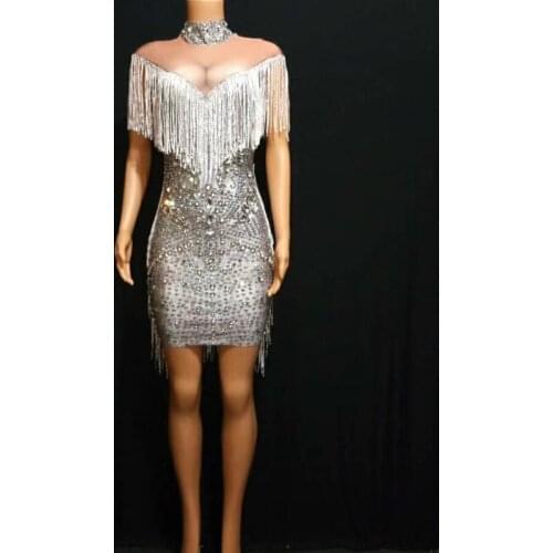 Female Sexy Slim Singer Costumes Fashion Women Tassles Rhinestone Halter Bodycon Short Dress Womens Deep V Neck Dance Clothing