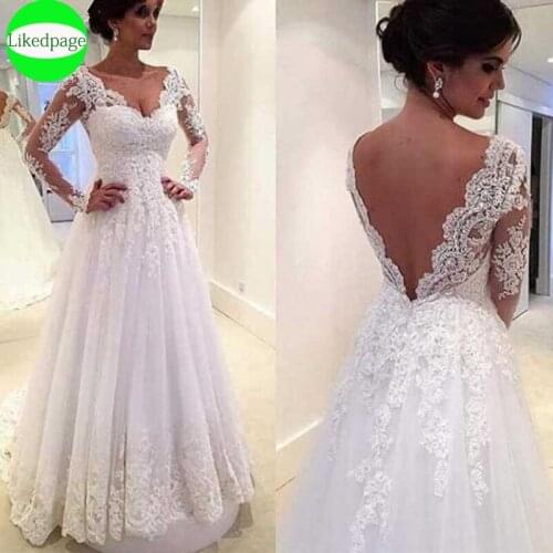 Long Sleeves Wedding Dresses 2021 Vestidos De Novia Lace Appliques Bride Gown Robe Mariage A Line Tulle Trouwjurk Boda Back Less