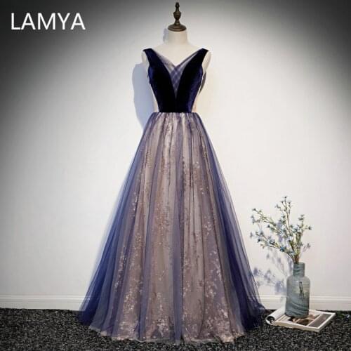 LAMYA Simple Pleat V Neck Evening Party Dress Sexy Plus Size Formal Dresses High Quality a Line Evening Gowns Robe De Soiree