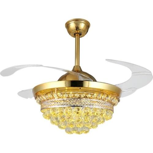 42 Inch Invisible Crystal Ceiling Fans with LED Light and Remote Control,Indoor Ceiling Light with 4 Retractable ABS Blades Fans