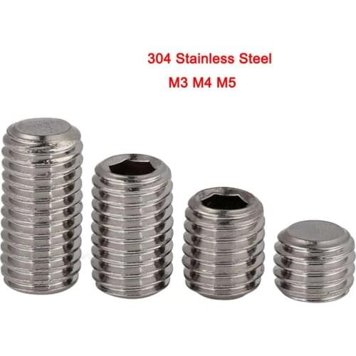 50Pcs 304 Stainless Steel Metric Headless Hex Socket Set Screws Thread Flat Point Grub Screws M3 M4 M5 Length 3-20mm