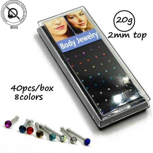 BOG-40piece 2mm CZ Steel Straight Nose Bone Stud Bar Piercing Nose Ring Body Jewelry 20g,22G