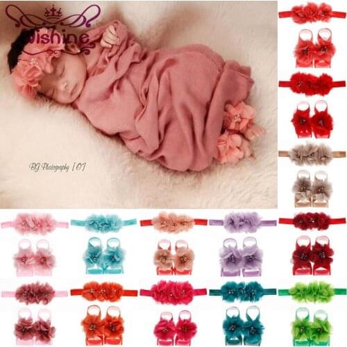 Nishine Fashion 1 Set Newborn Flower Headband Barefoot Sandal Sets Chiffon Flower Hair Accessories for Photography Props