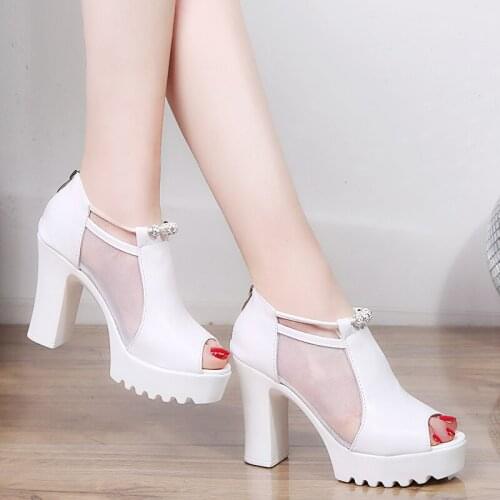 Mesh Solid Color Ladies High-Heeled Sandals Summer Hot Selling Temperament Rhinestone Zipper Square Heel Fish Mouth Shoes