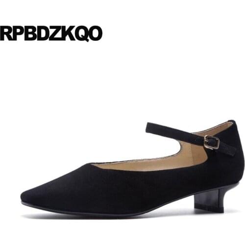 Black block 2019 pumps square toe suede chunky flower thick ladies low heels shoes designer size 4 34 china pink genuine leather