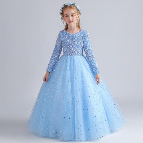 Flower Girl Dresses Illusion Luxury Princess Full Sequined O-Neck Ball Gown Floor-Length Tulle Elegant Lace Kid Party Skirt H074