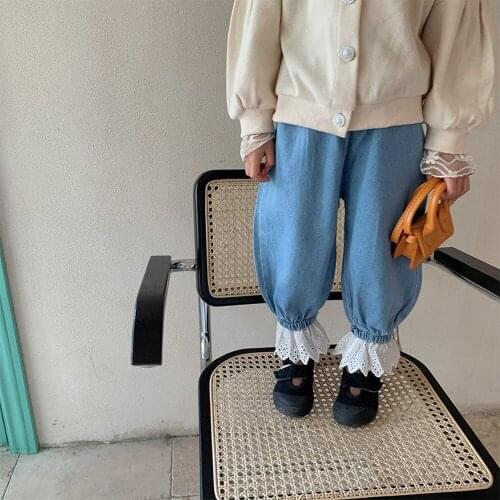 2021 Flower Side Letter Girl Jeans for Kids Spring Autumn Blue Trouser Children Kid Denim Flare Pant Baby Boy Infant Clothing