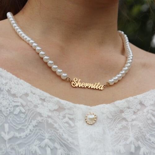Elegant Jewelry Custom Name Necklace Choker Women Simple Pearl Chain Stainless Steel Personalized Nameplate Statement Necklack