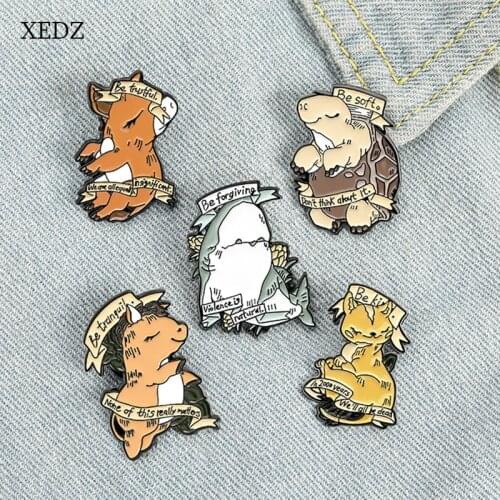 XEDZ Cartoon Animal Image Gentle Tortoise/Cat/Horse/Shark Enamel Brooch Fashion Pet Label Clothing Badge Jewelry Gifts Friends