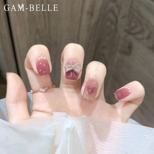 GAM-BELLE Purple Square False Nails With 3D Bows Full Cover Detachable Artificial Fake Nails With Press Glue Manicure Tools