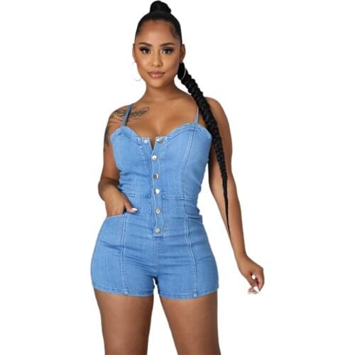 Sexy Spaghetti Strap Jeans Jumpsuit Denim Playsuit Jump Suit Women 2021 Buttons Elegance Cotton Jeans Woman Ladies Short Rompers