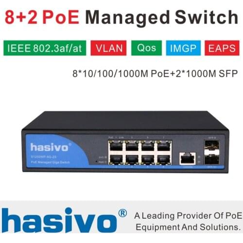 8 Port 10/100/1000Mbps PoE Ethernet Switch Managed Switch With 2 Gigabit SFP Slots IGMP VLAN Management PoE Switch