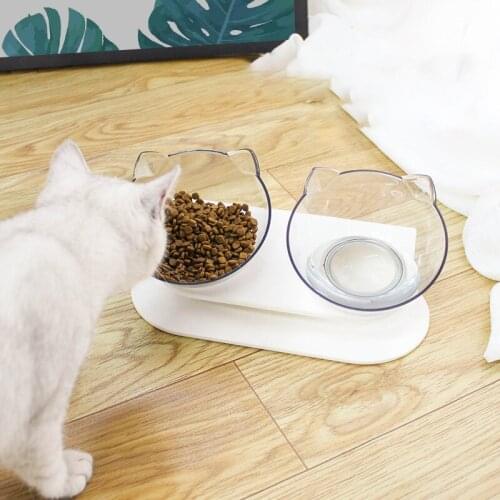 Transparent Double Cat Food And Water Bowl Cat Food Bowl Holder Oblique Mouth Protection Spine Pet Supplies Home Decoration