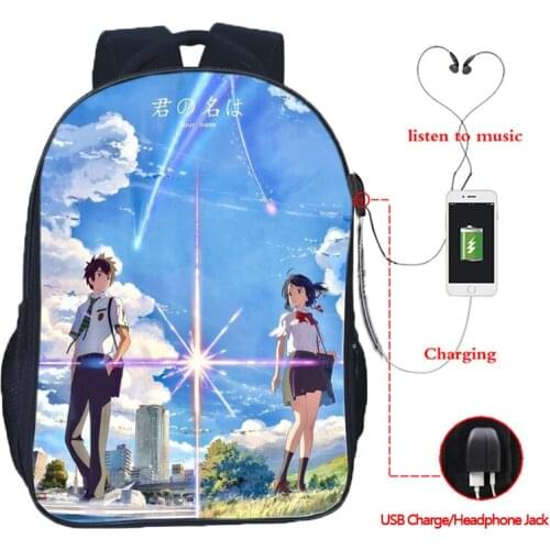 Anime Kimi No Na Wa Your Name Backpack Boys Girls Schoolbag USB Charging Laptop Rucksack Bookbags Men Bags Women Travle Mochilas