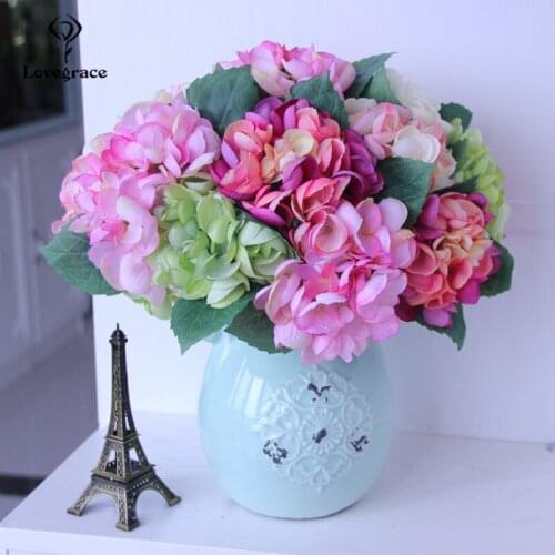 Silk Hydrangeas Artificial Flowers Branch White Wedding Flowers Small Bouquet Fake Flowers Party Home for Decor Faux Flores Pink