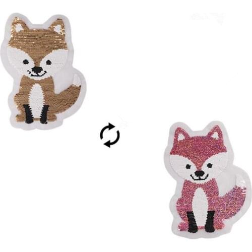 ShinEquin 200mm Cute Fox AB flip the double sided Patches for clothing Fabric Reversible change color sequins Patch T-shirt Girl