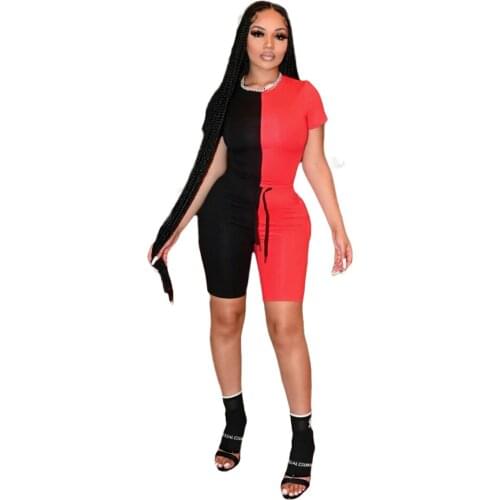 Summer Patchwork Sporty Two Piece Set Short Sleeve Pullover Top Biker Shorts Casual Pant Sets Fitness Jogging Workout Tracksuits