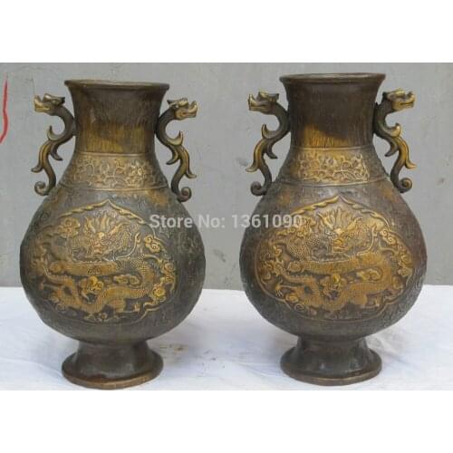 Xd 001272 12"China classic Brass handwork monarch dragon daffodil flower Vase Pair