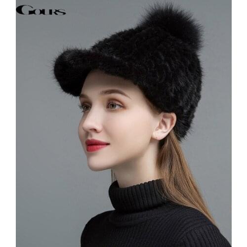Gours Womens Fur Hats Black Real Mink Fur Cap Warm In Winter Brand Luxury Female Fashion Fox Fur Ball Visors New Arrival GLH028