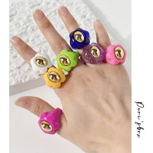 PerisBox Multi Color Exaggerated Geometric Chic Rings For Women Handmade Colorful Flower Resin Chunky Ring With Metal Bead