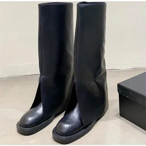 2021 New Women Knee High Boots Black Punk Style High Boot Autumn Flat Shoes Woman Female Slip-on Riding Boots