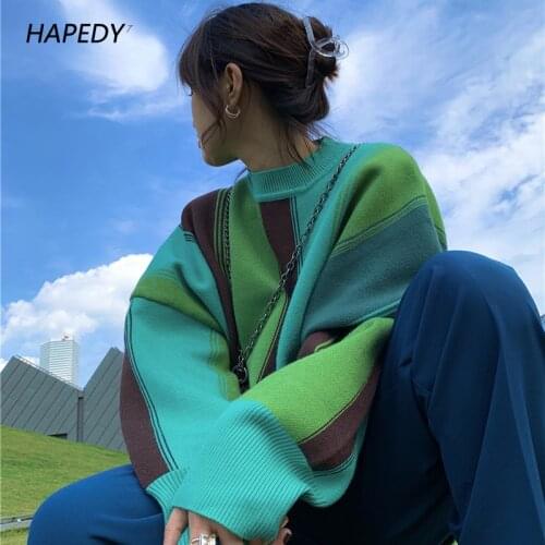 New Autumn And Winter Oversize Lazy Wind Color Matching Striped Sweater 2021 Womens New Long Sleeve Knit Pullover Tops Fashion