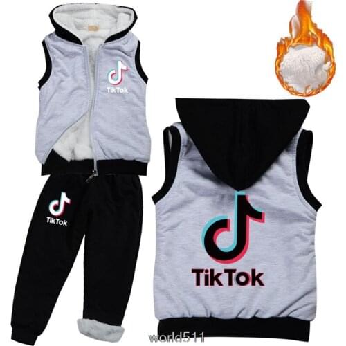 Tik Tok Winter Russia Girls Fasion Warm Vest Jacket Top Cotton Pants 2 Pieces Clothing Sets Coat With Fur Vest
