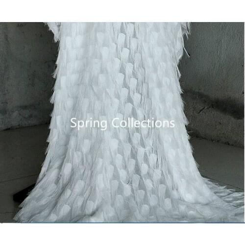 2yard W=145cm New Upscale heavy 3D feather with tassel fabric wedding/evening dress Chiffon fabric black and white are available