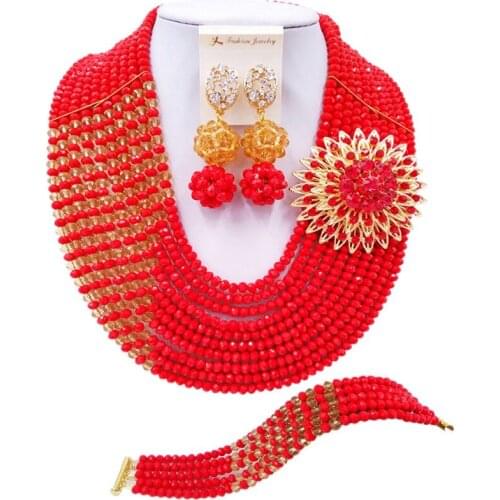 ACZUV Red and Gold African Beads Jewelry Set 10C-JZ004