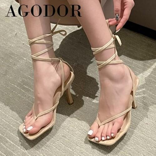 AGODOR Square Toe Flip Flop Sandals Woman Shoes Cross Strap High Heels Narrow Band Stiletto Heel Sandals Lace Up Female Footwear