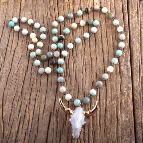 Free Shipping Amazonite Stones statement necklaces Bohemian Tribal Jewelry Horn Pendant Necklace