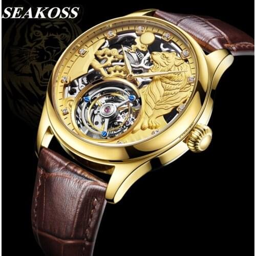 Zodiac Tiger Super Skeleton Real Tourbillon Watches Men Luxury Sapphire Glass Mens Hand Wind Mechanical Watches Leather Clock