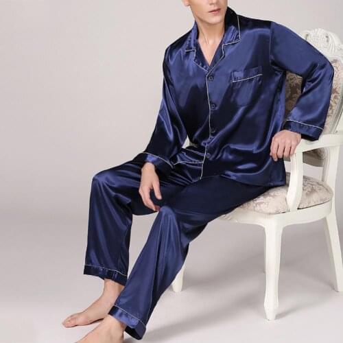Men Summer Imitation Silk Pajama Set Shirt Pants Home Gown Sleepwear Nightwear